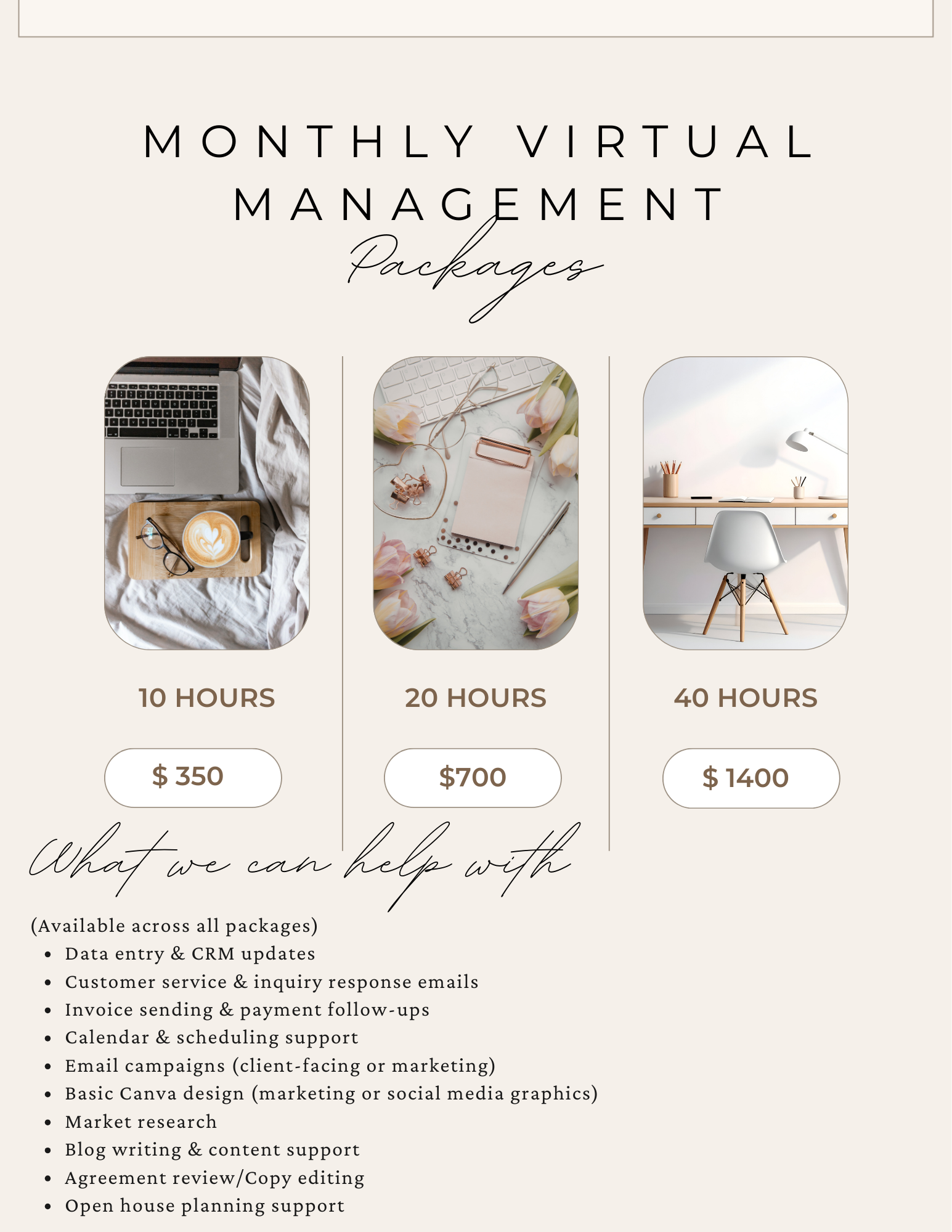 EventOps virtual assistant packages (10/20/40 hours) for event pros&mdash;CRM, inquiries, invoicing, scheduling, email campaigns, Canva graphics, research, blogs, copy edits, and open house support.