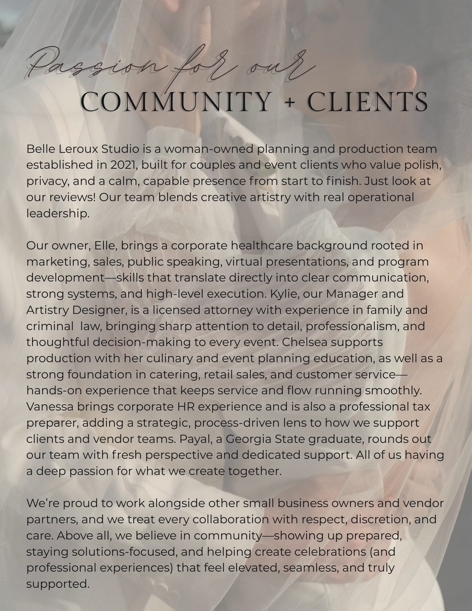 Experienced wedding and event planning team collaborating behind the scenes, representing full-service coordination, design expertise, and virtual operational support for event professionals.