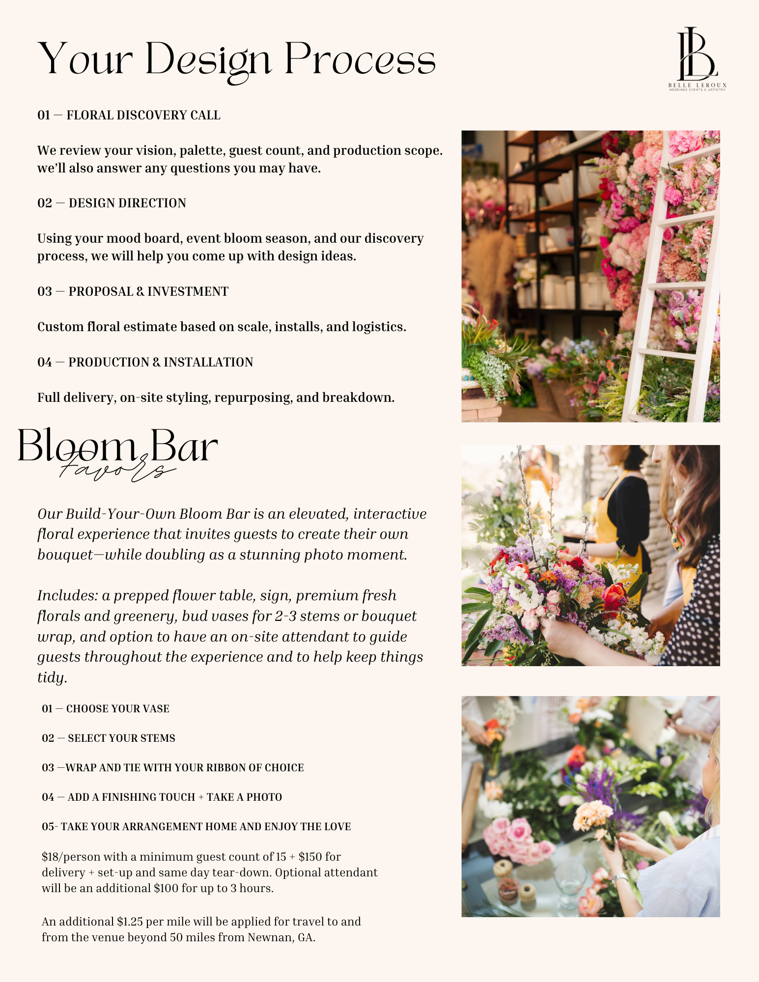 Luxury build-your-own Bloom Bar wedding favors in Atlanta GA featuring fresh florals, bouquet wrapping, and guest floral favors.