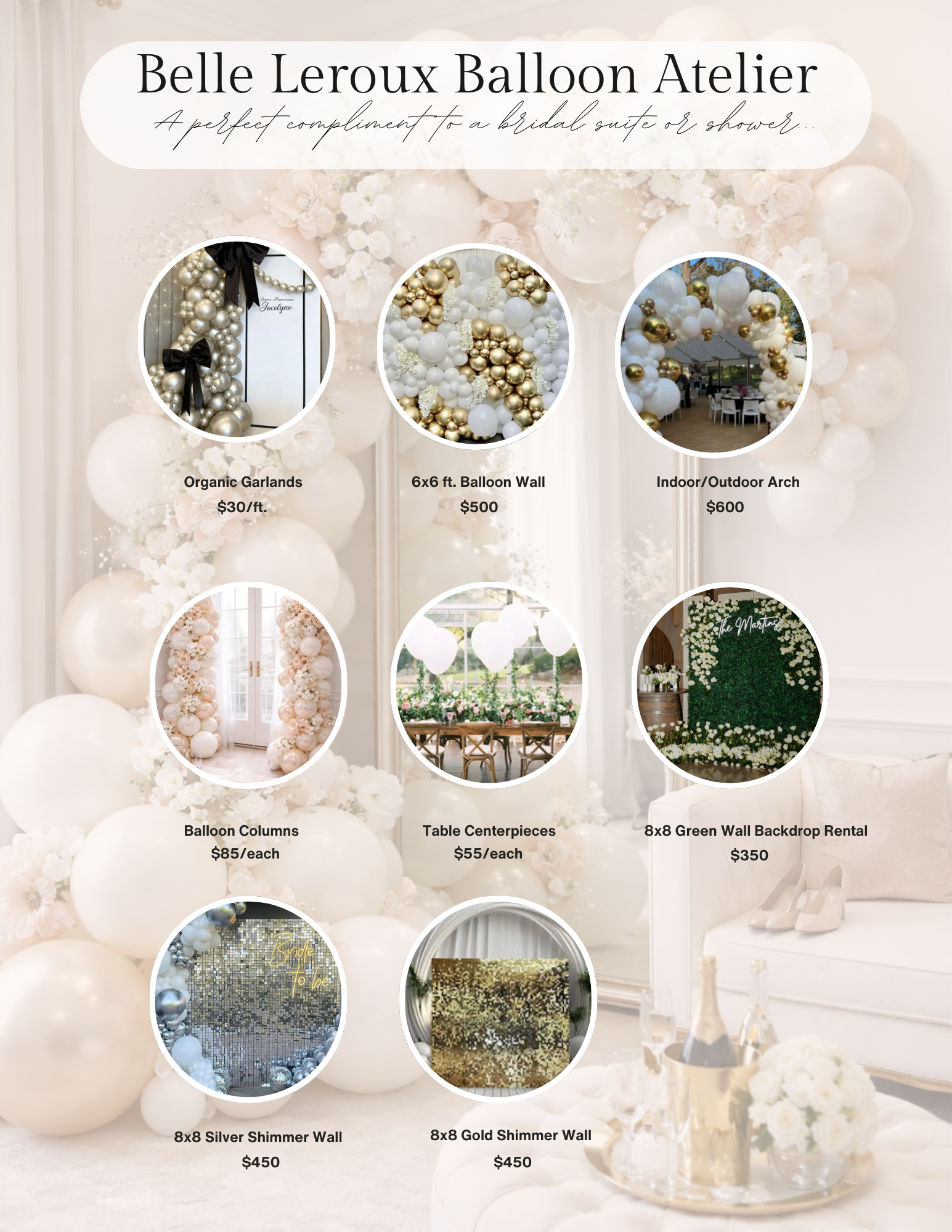 Luxury shimmer wall and green wall rentals with balloon d&eacute;cor in Atlanta&mdash;photo backdrop installation for weddings, bridal showers, and events by Belle Leroux Studio.
