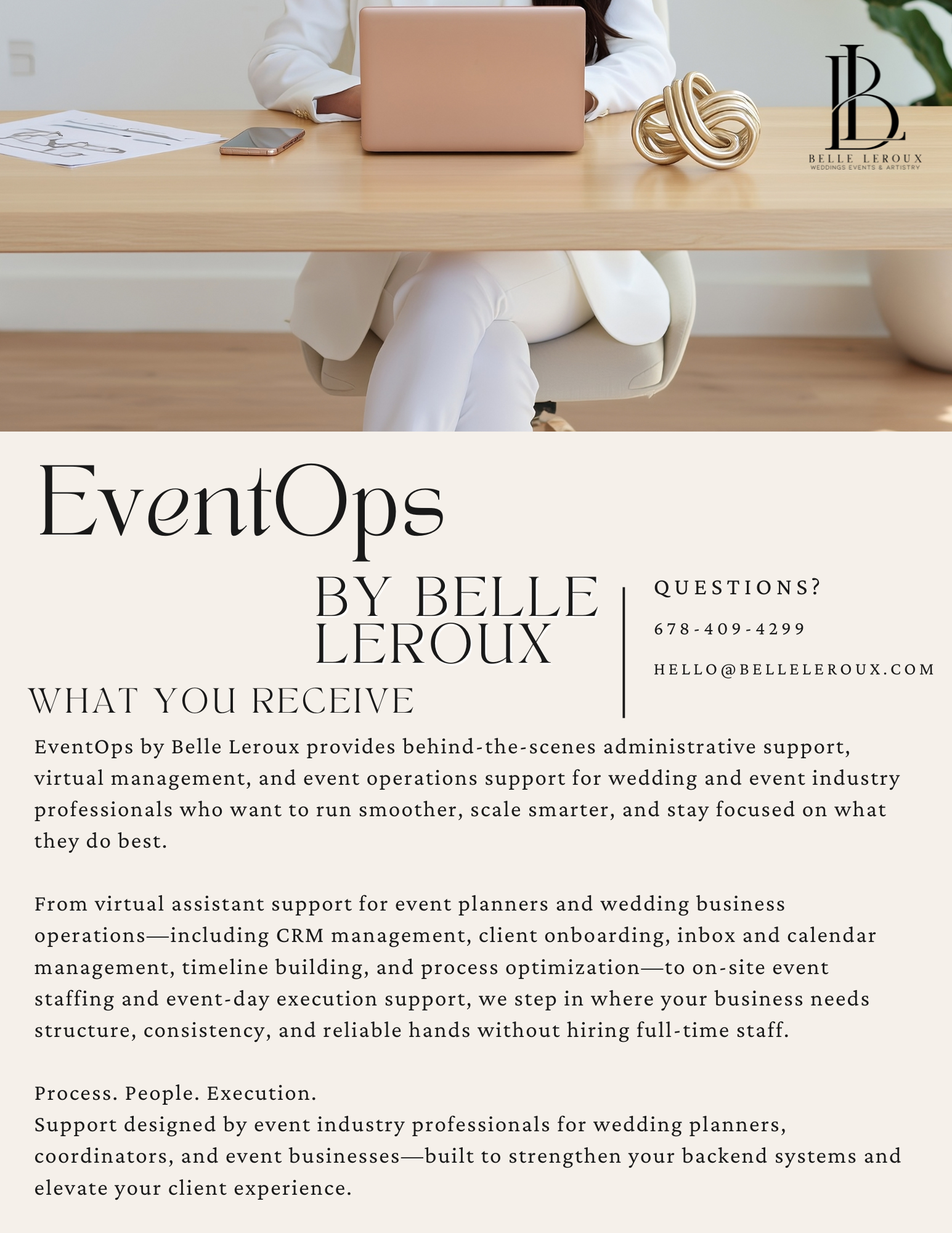 EventOps by Belle Leroux virtual management and event operations services graphic for wedding planners and event professionals, including admin support, process optimization, and event-day staffing.