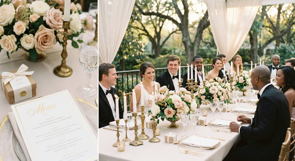 Elegant wedding reception with guests.