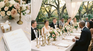 Elegant wedding reception with guests.